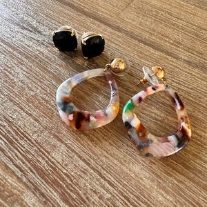 Earrings: Tortoiseshell Resin Hoops & Oversized Black Studs